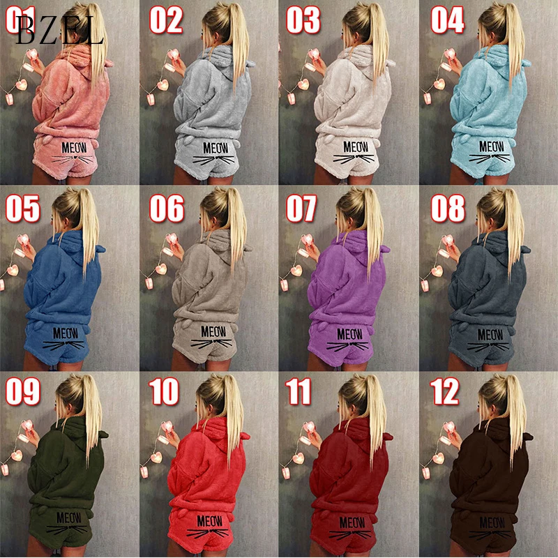 BZEL 2019 New Autumn Winter Women's Two Piece Set Pajamas Flannel Warm Sleepwear Cute Cat Pattern Hoodies Shorts Out Fit S-3XL 
BZEL 2019 New Autumn Winter Women's Two Piece Set Pajamas Flannel Warm Sleepwear Cute Cat Pattern Hoodies Shorts Out Fit S-3XL