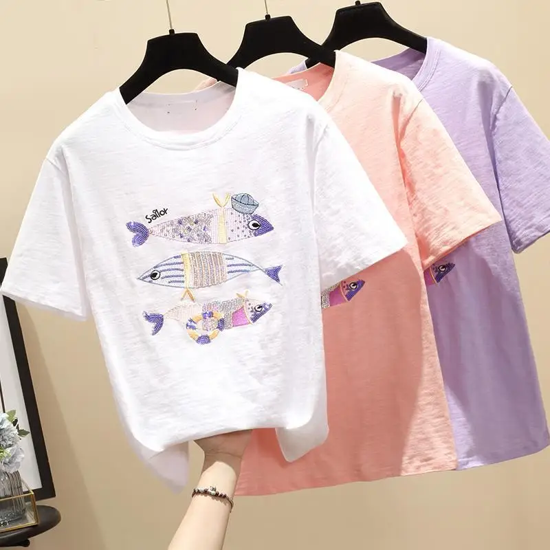 New summer women's small fish cat embroidery T-shirt fashion women's O-neck short-sleeved shirt white quality plus size
New summer women's small fish cat embroidery T-shirt fashion women's O-neck short-sleeved shirt white quality plus size