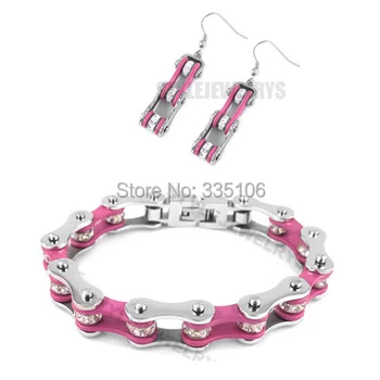Free shipping!Bling Silver & Pink Bicycle Chain Motor Earring and Bracelet Stainless Steel Jewelry Motorcycle Biker Set SJB0148L 
Free shipping!Bling Silver & Pink Bicycle Chain Motor Earring and Bracelet Stainless Steel Jewelry Motorcycle Biker Set SJB0148L
