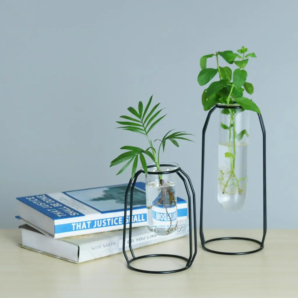 Glass Hydroponic Plant Water Flower Vase with Iron Stand for DIY Art Decoration Creative Gifts