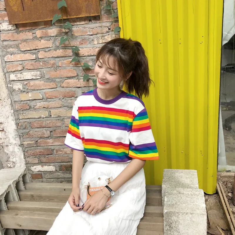 Tee Shirt Woman Summer Tops Korean Harajuku Rainbow Striped T-shirt For Women Short Sleeve Tshirt Female Casual Clothing
Tee Shirt Woman Summer Tops Korean Harajuku Rainbow Striped T-shirt For Women Short Sleeve Tshirt Female Casual Clothing