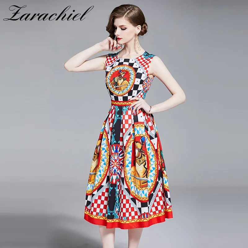 2019 Fashion Runway Sicilian Summer Dress Women's Sleeveless O-Neck Luxury Beading Warrior Checkerboard Print Elegant Vest Dress
2019 Fashion Runway Sicilian Summer Dress Women's Sleeveless O-Neck Luxury Beading Warrior Checkerboard Print Elegant Vest Dress