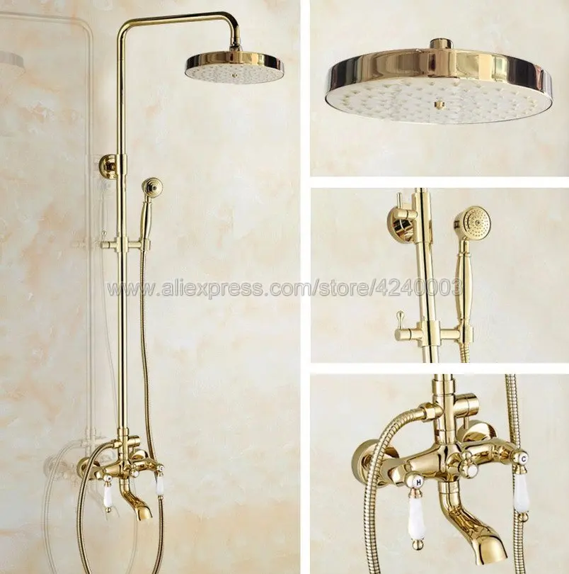Golden Brass Bathroom Shower Faucet Double Handle Swivel Spout Tub Mixer Tap with Hand Shower Wall Mounted Kgf365
Golden Brass Bathroom Shower Faucet Double Handle Swivel Spout Tub Mixer Tap with Hand Shower Wall Mounted Kgf365