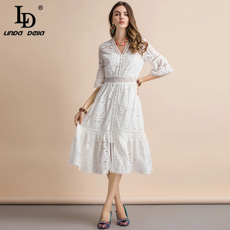 LD LINDA DELLA 2019 Fashion Runway Summer Pure White Dress Women's Flare Sleeve V-Neck Hollow out Slim Show Thin Holiday Dress
LD LINDA DELLA 2019 Fashion Runway Summer Pure White Dress Women's Flare Sleeve V-Neck Hollow out Slim Show Thin Holiday Dress