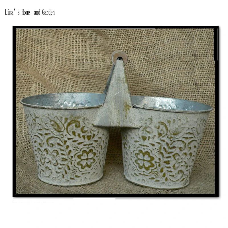 retro antique metal handcrafted double flower pot with handle (4)