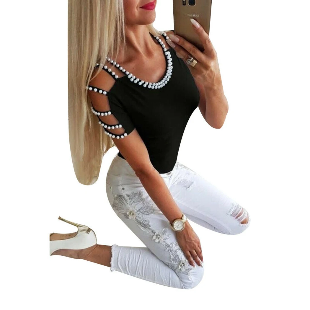 Cold Shoulder Women Blouse Tops Short Sleeve Pearl Bead Blouses Fashion Tops Summer Tunic Casual Basic Women Blusas Female 2019
Cold Shoulder Women Blouse Tops Short Sleeve Pearl Bead Blouses Fashion Tops Summer Tunic Casual Basic Women Blusas Female 2019