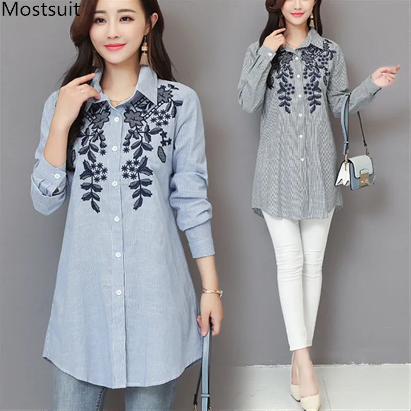 Women Autumn Embroidery Striped Tunic Long Blouse Shirt With Collars Plus Size Spring Korean Loose Buttons Up Tops 2019 Blusas
Women Autumn Embroidery Striped Tunic Long Blouse Shirt With Collars Plus Size Spring Korean Loose Buttons Up Tops 2019 Blusas