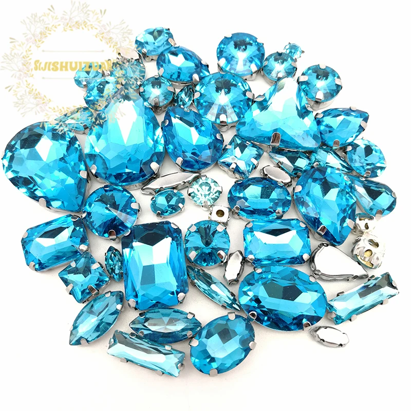 52pcs 23sizes 10shapes MIX Turquoise Blue Size Crystal Glass Sew-on Rhinestones silvery Bottom DIY Women's Dresses sijishuizuan | Дом и