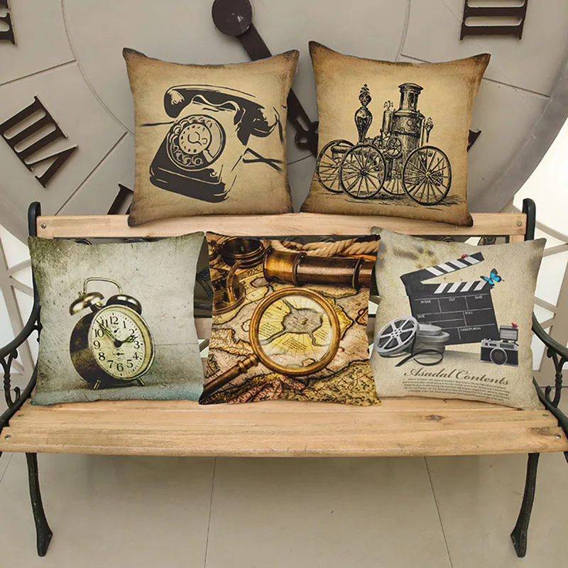Retro Style Europe America Vintage Older Telephone Alarm Clock Map Car Clap-stick Pillow Case Home Sofa Decoration Cushion Cover
Retro Style Europe America Vintage Older Telephone Alarm Clock Map Car Clap-stick Pillow Case Home Sofa Decoration Cushion Cover