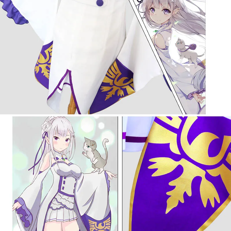 Coshome Re Zero Kara Hajimeru Isekai Seikatsu Emilia Wigs Cosplay Costumes Women Short Dress With Headdress For Halloween Party (3)