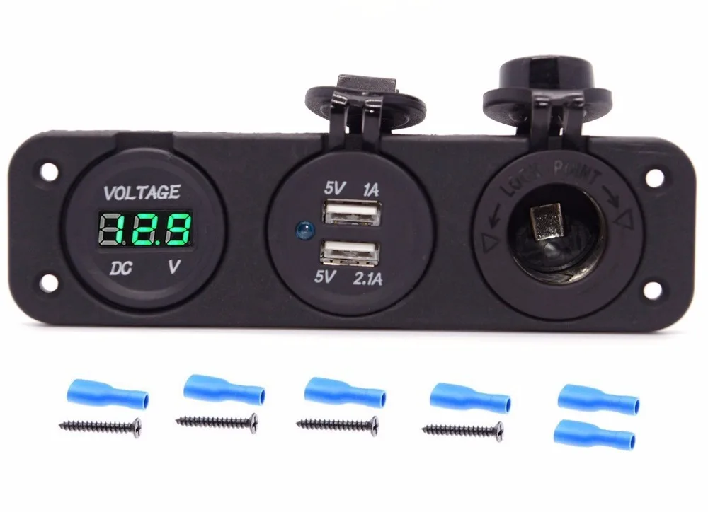 Тройное зарядное устройство с двумя USB-портами и зелеными светодиодными лампами |