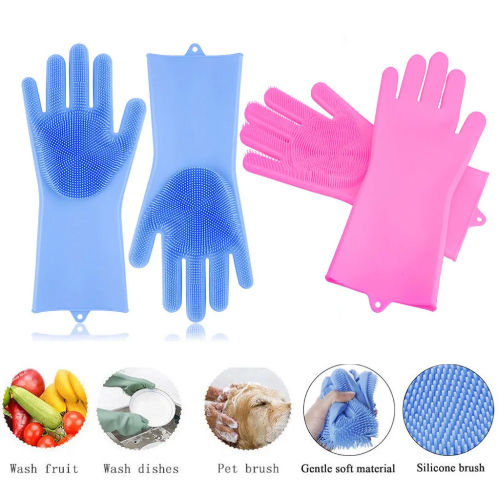 A pair of magic silicone scrubber rubber cleaning gloves dusting | dishwashing pet care Kitchen assistant **C
