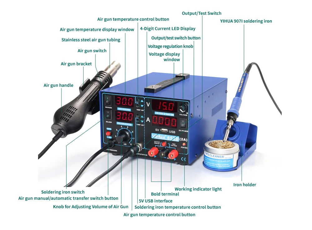 3 In 1 SMD Rework Soldering Station with Soldering Iron Hot Air Gun With 5V 2A USB DC Power Supply BGA Desoldering Welding Repair Tool 03
