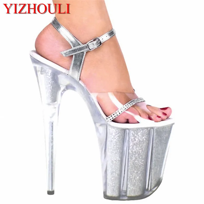 

New arrival 20cm sexy ultra high heels sandals transparent crystal platform shoes paillette 8 inch Crystal shoes