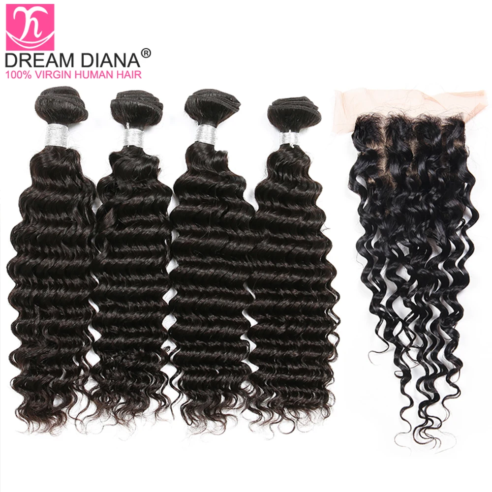 Dream Diana Malaysian Deep Curly Bundles With Closure 4 Wet And Wavy Remy Hair |