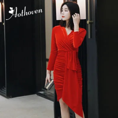2019 Spring Bodycon Draped Asymmetrical Velvet Dress Women Red Long Sleeve V Neck Dress Office Lady Elegant Sexy Party Dresses
2019 Spring Bodycon Draped Asymmetrical Velvet Dress Women Red Long Sleeve V Neck Dress Office Lady Elegant Sexy Party Dresses