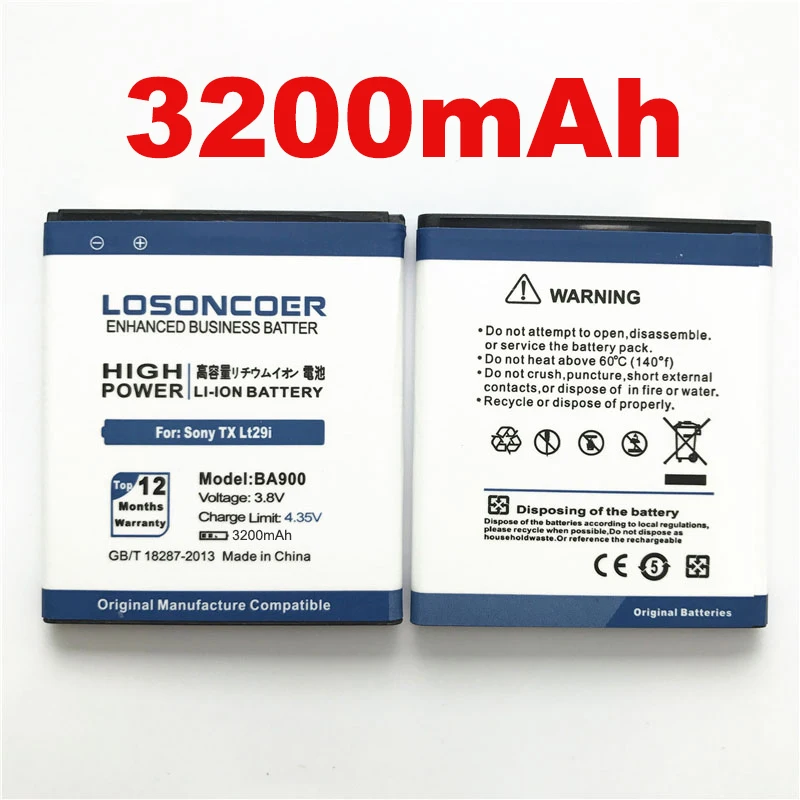 100% Original LOSONCOER 3200mAh BA900 for Sony Ericsson Xperia TX LT29i Battery J ST26i L S36h C2105 E1 J L M C2104 C1904 C1905
100% Original LOSONCOER 3200mAh BA900 for Sony Ericsson Xperia TX LT29i Battery J ST26i L S36h C2105 E1 J L M C2104 C1904 C1905