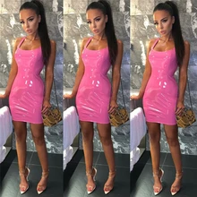 Las nuevas mujeres de cuero de la PU de vendaje vestido verano sólido correas Slim Mini Vestidos Bodycon Shien Vestidos dama Club vestido de fiesta traje femme(China)