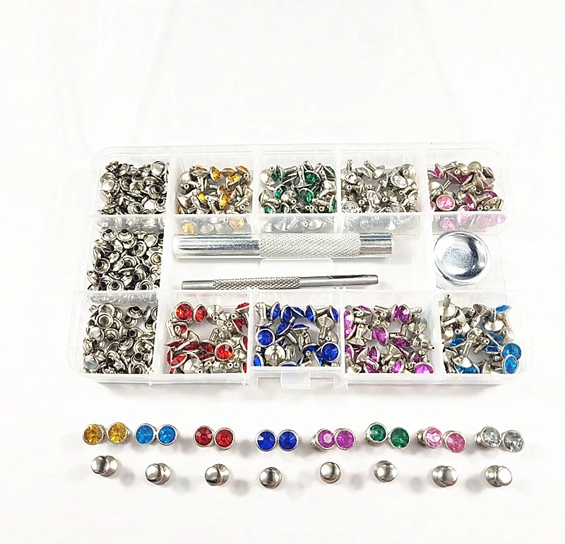 

240 pcs 7mm colorful rhinestone inlaid garment rivets kit and install tools screws studs bag, shoe,jeans,leather diy accessories