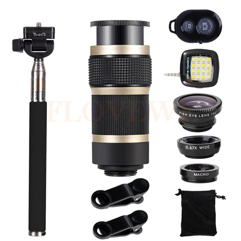 Mobile lenses Kit 8X Telescopic Telephoto Lentes Wide Angle Macro Fisheye Fish eye Lens For iPhone 8 7 6 6s Plus 5s Selfie lamp