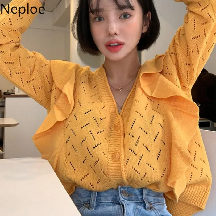 Neploe Knitted Hollow-out Cardigan Long Sleeve V-neck Thin Sweater Coat Korean Sweet Ruffle Jacket Single Breasted Outwear 53516
Neploe Knitted Hollow-out Cardigan Long Sleeve V-neck Thin Sweater Coat Korean Sweet Ruffle Jacket Single Breasted Outwear 53516