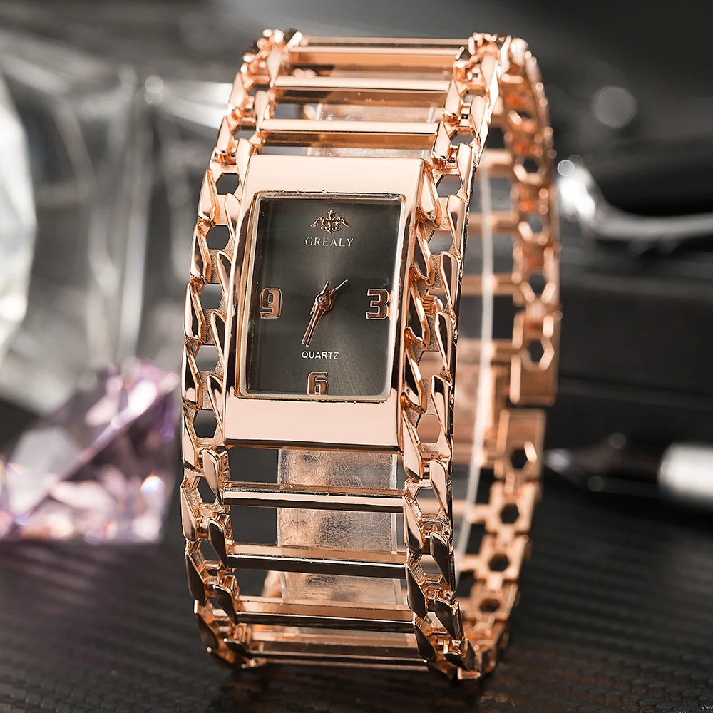 

Grealy Brand lady square watch with width band gold/rose gold /silver color women decorate quartz watches with watch box free