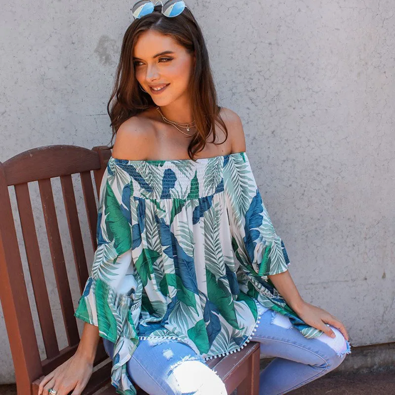 yinlinhe Off Shoulder Summer Tops Short Sleeve Leaf Print Slash Neck Sexy Women Tops Backless Bohemian Loose Tunics 9