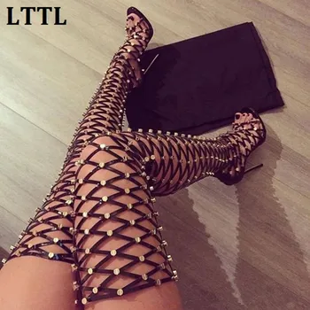 

LTTL Sexy Rome Style Cut-Outs Thigh High Sandals Studded Rivets Long Gladiator Boots Open Toe High Heels Shoes Sandals Woman