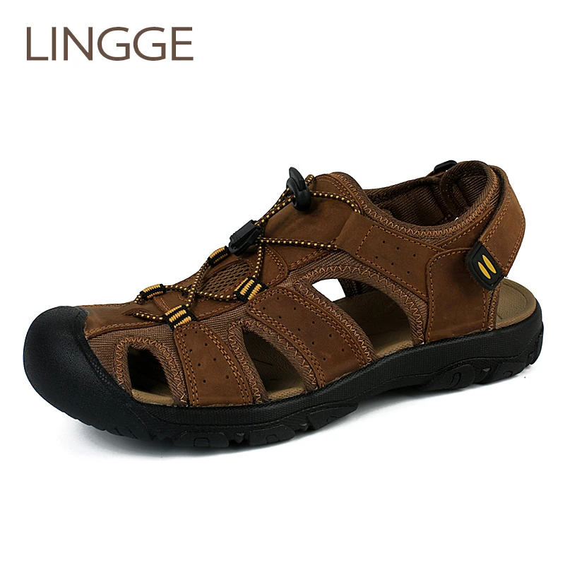 Мужские сандалии с перекрестной шнуровкой LINGGE коричневые дышащие Повседневная