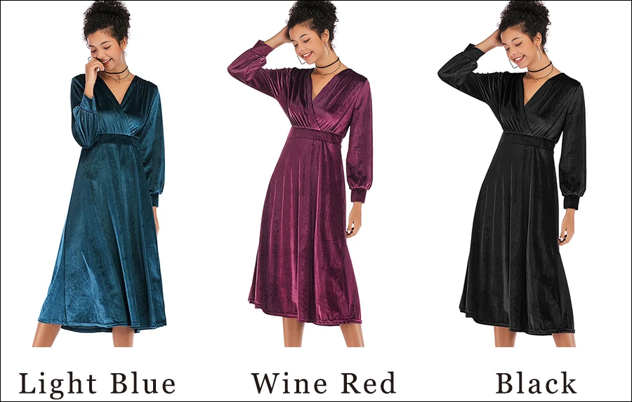 Gladiolus 2018 Autumn Winter Dress Women Long Sleeve V-Neck Tunic Swing Midi Sexy Gold Velvet Dress Women Evening Party Dresses (26)