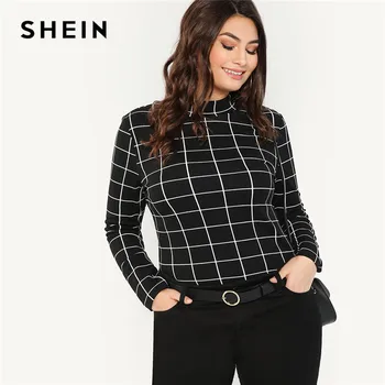 

SHEIN Black Stand Collar Long Sleeve Plus Size Womens Slim Fit Plaid T-Shirt 2018 Autumn Winter Workwear Mock Neck Grid Top Tees