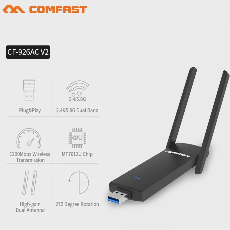 COMFAST USB Wifi repeater 1200Mbps 802.11ac/b/g/n 2.4Ghz +5.8Ghz Dual Band WPS wi-fi router AC Network Card USB antenna CF-926AC
COMFAST USB Wifi repeater 1200Mbps 802.11ac/b/g/n 2.4Ghz +5.8Ghz Dual Band WPS wi-fi router AC Network Card USB antenna CF-926AC