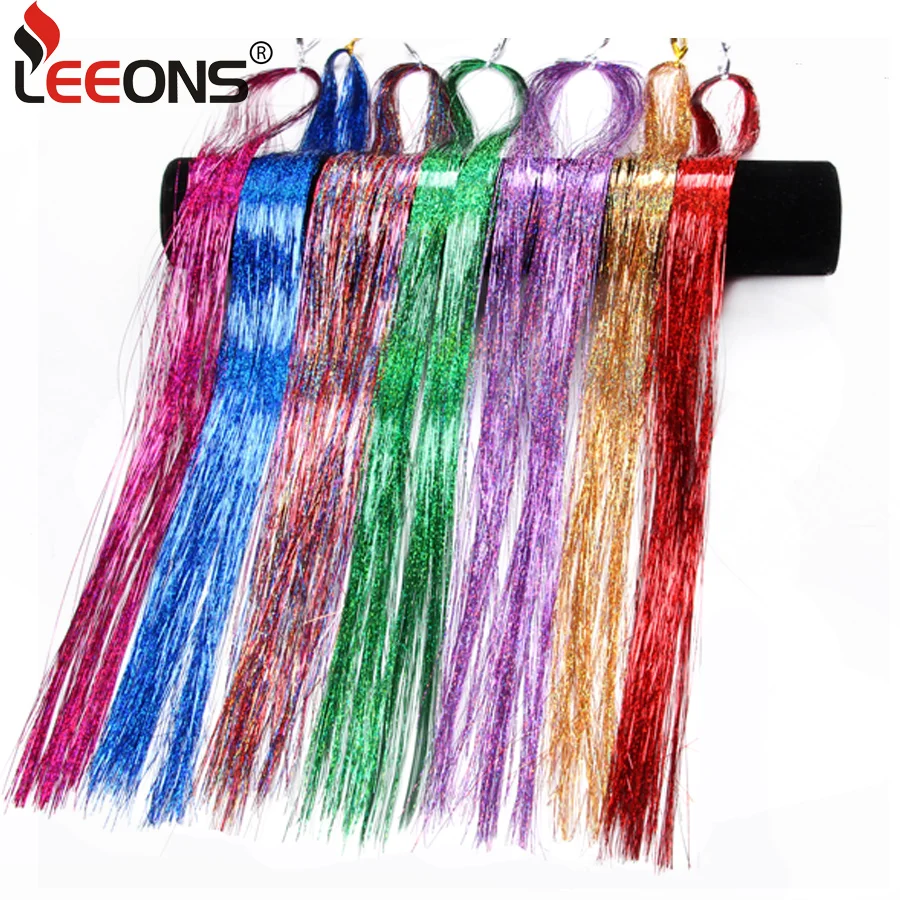 

Leeons 16" Sparkle Tinsel Hair Extension Clip 100Strand/Pcs Hairpiece Synthetic Hair Extension Red Purple Blue Pink Hair Piece