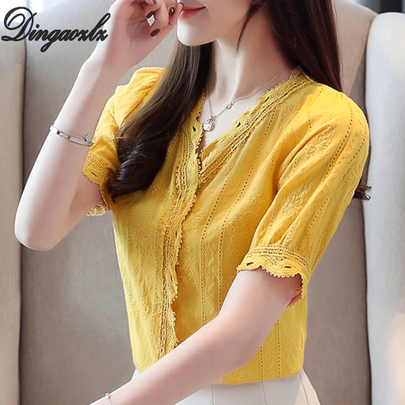 Dingaozlz Summer White blouse New Short Sleeve Woman lace Tops V-Collar Hollow out Crochet Women shirt Blusa
Dingaozlz Summer White blouse New Short Sleeve Woman lace Tops V-Collar Hollow out Crochet Women shirt Blusa