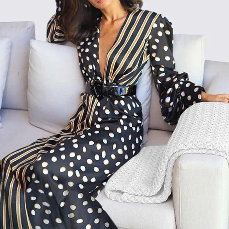 

Womens Spring Long Sleeves Empire High Waist Maxi Blouse Dress Plunging Deep V-Neck Polka Dot Vertical Stripes Patchwork Pullove