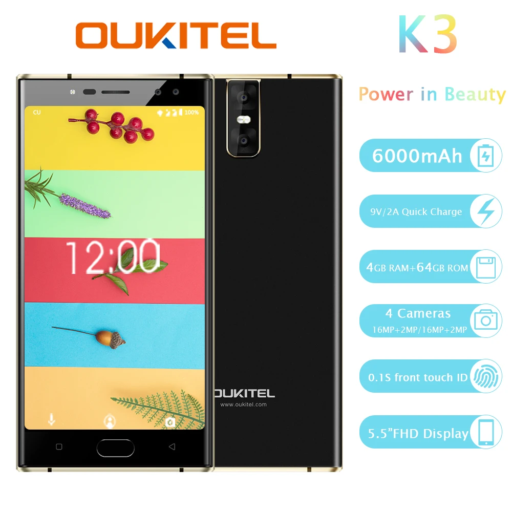 Oukitel K3 Quad Camera Smartphone 5.5" Android 7.0 Cellphone MTK6750T Octa Core 4g Ram 64g Rom 6000mah Fingerprint Mobile Phone
Oukitel K3 Quad Camera Smartphone 5.5" Android 7.0 Cellphone MTK6750T Octa Core 4g Ram 64g Rom 6000mah Fingerprint Mobile Phone