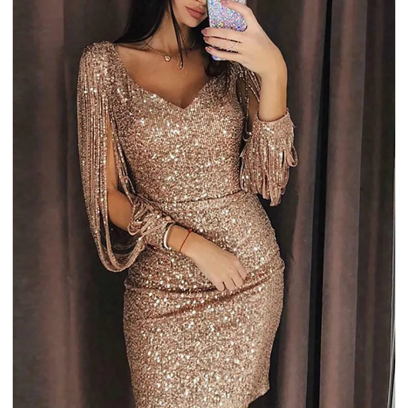 Sexy Women's V Neck Tassels Detail Slit Sleeve Sequin Bodycon Midi Dress Evening Party Mini Dress 
Sexy Women's V Neck Tassels Detail Slit Sleeve Sequin Bodycon Midi Dress Evening Party Mini Dress