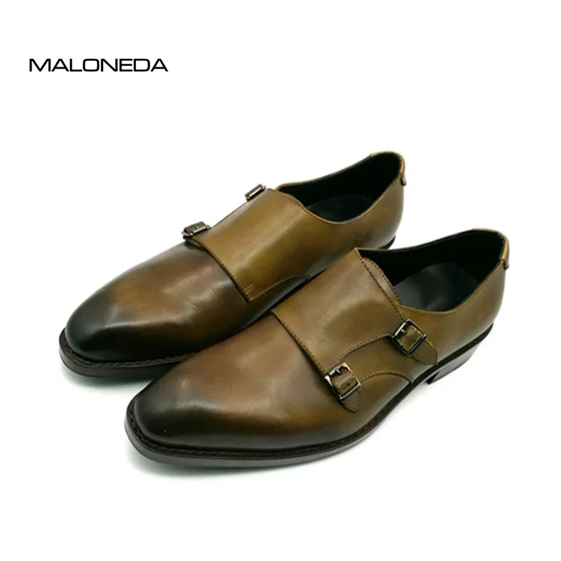 

MALONEDA Goodyear Welted Full Genuine Leather Pure Manual Double Monk Straps Slip On Men's Dress Shoes