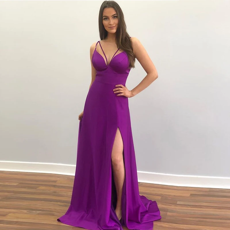 Long Purple Evening Dress V-Neck Elastic Satin Formal Party Dresses 2019 New Sexy Spaghetti Straps Sweep Train Robe De Soiree
Long Purple Evening Dress V-Neck Elastic Satin Formal Party Dresses 2019 New Sexy Spaghetti Straps Sweep Train Robe De Soiree