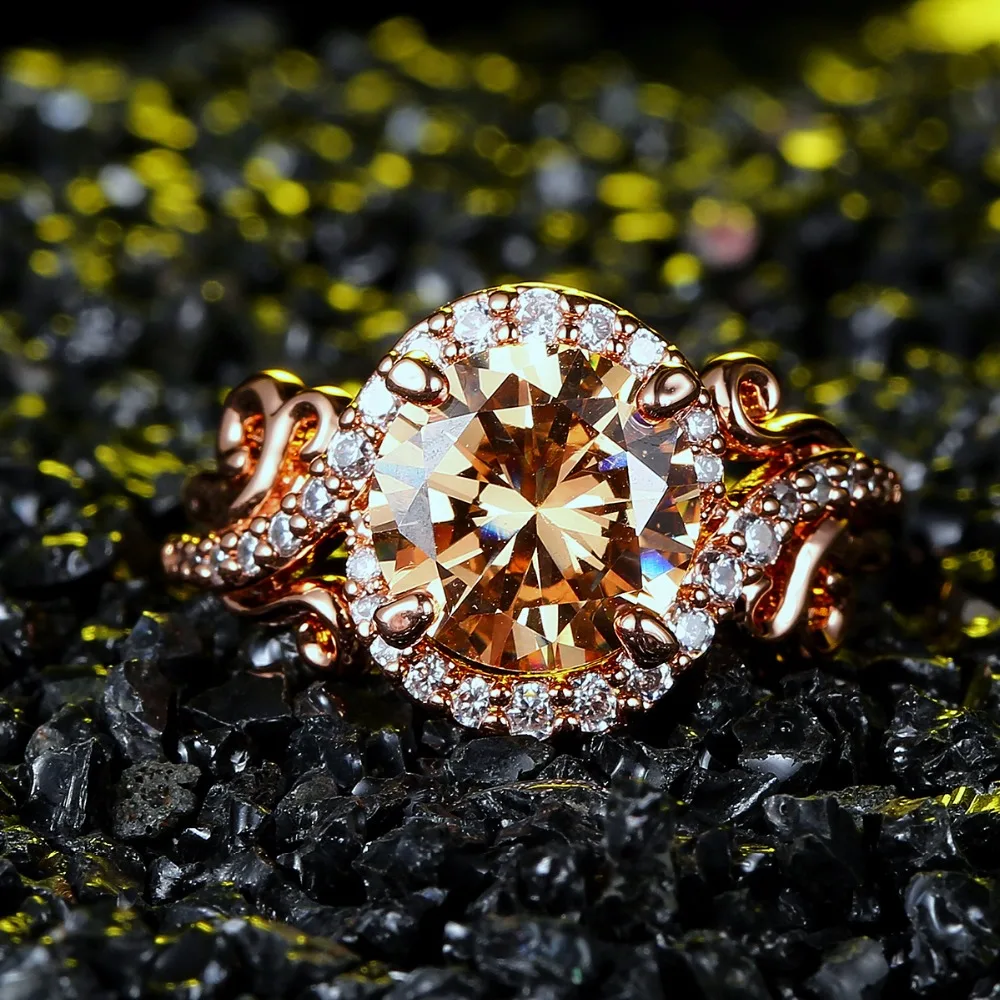 ZHE FAN Luxury AAA Cubic Zirconia Fashion Ring Champagne Round Rose Gold Color Plating For Women Wedding Party Gift Size 5-10 | Украшения и