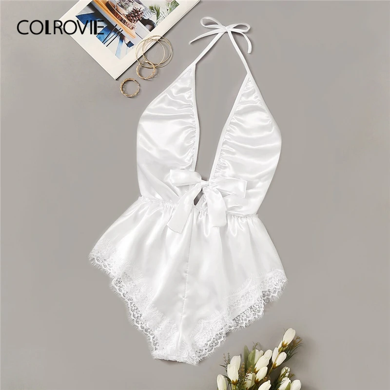 COLROVIE White Lace Trim Satin Romper Lingerie Teddy Bodysuit Women 2019 Sexy Nightwear Pajama Set Backless Ladies Sleepwear
COLROVIE White Lace Trim Satin Romper Lingerie Teddy Bodysuit Women 2019 Sexy Nightwear Pajama Set Backless Ladies Sleepwear