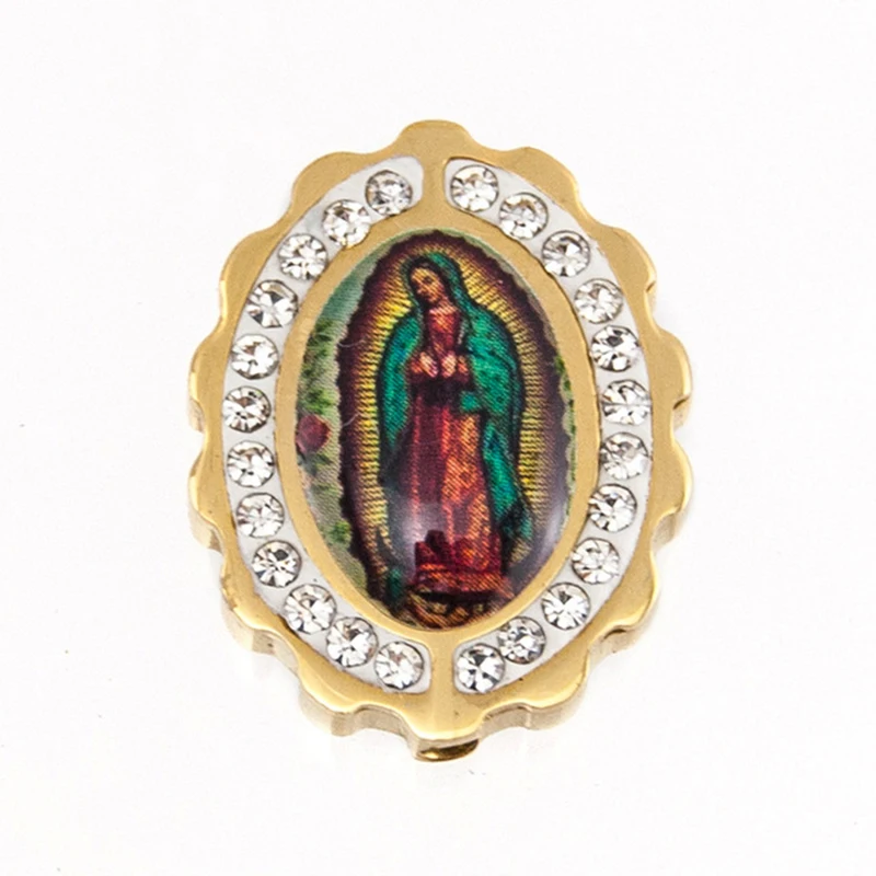 Virgin Mary Our Lady Enmarked with Flower Rhinestone Slide Pendant Drilled Hole Gold Color Pendant Stainless Steel Polish
Virgin Mary Our Lady Enmarked with Flower Rhinestone Slide Pendant Drilled Hole Gold Color Pendant Stainless Steel Polish