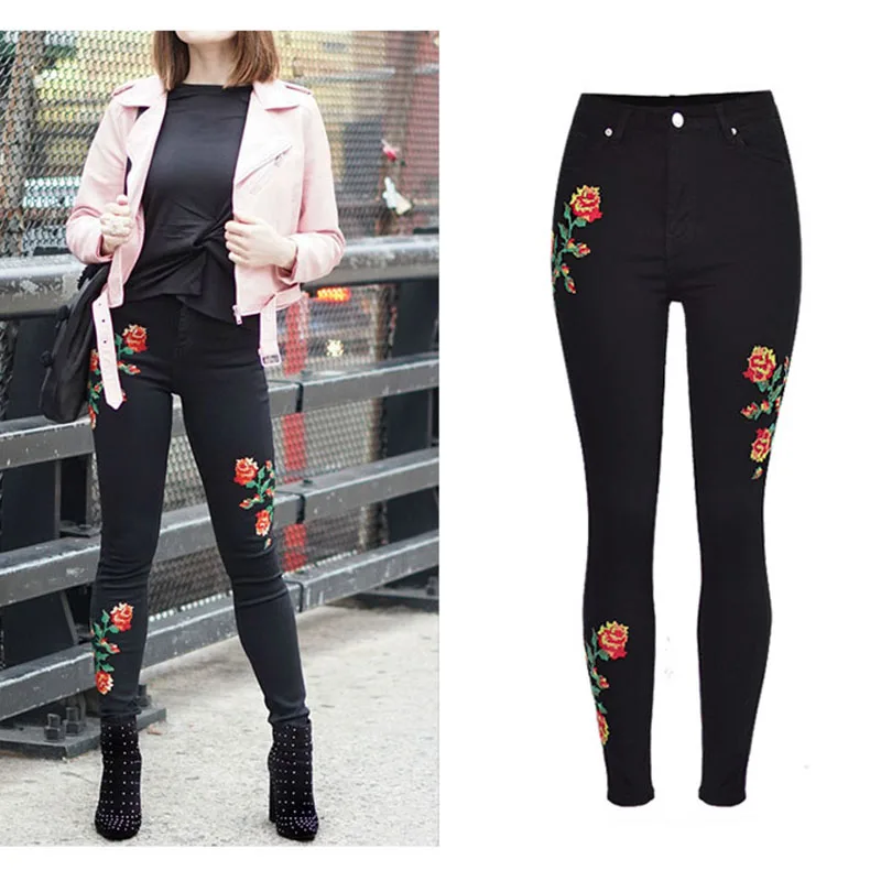 Hot Sale Fashion Jeans Women Rose Embroidery Denim Pants Trousers High Waist Slim Stretch Cross Stitch Jeans Black Washed Pants
Hot Sale Fashion Jeans Women Rose Embroidery Denim Pants Trousers High Waist Slim Stretch Cross Stitch Jeans Black Washed Pants