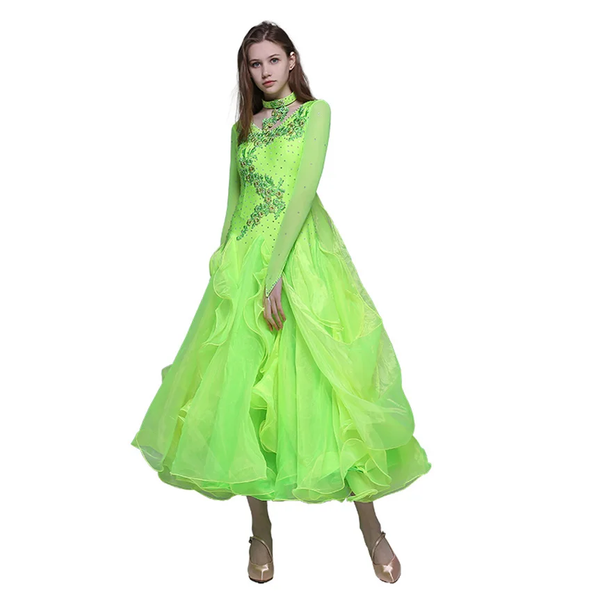 

Флуоресцентные зеленые Бальные Танцевальные костюмы, сексуальное бальное платье для танцев для женщин, платья для конкурса бальных танцев, Вальс Танго, Cos