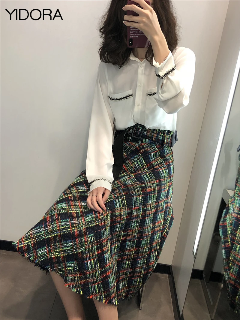 Women 2018 Multicolor High Waist Checked Tweed A-line Midi Skirt Matching Waist Belt Features Frayed Trim - Ladies Plaid Skirt
Women 2018 Multicolor High Waist Checked Tweed A-line Midi Skirt Matching Waist Belt Features Frayed Trim - Ladies Plaid Skirt