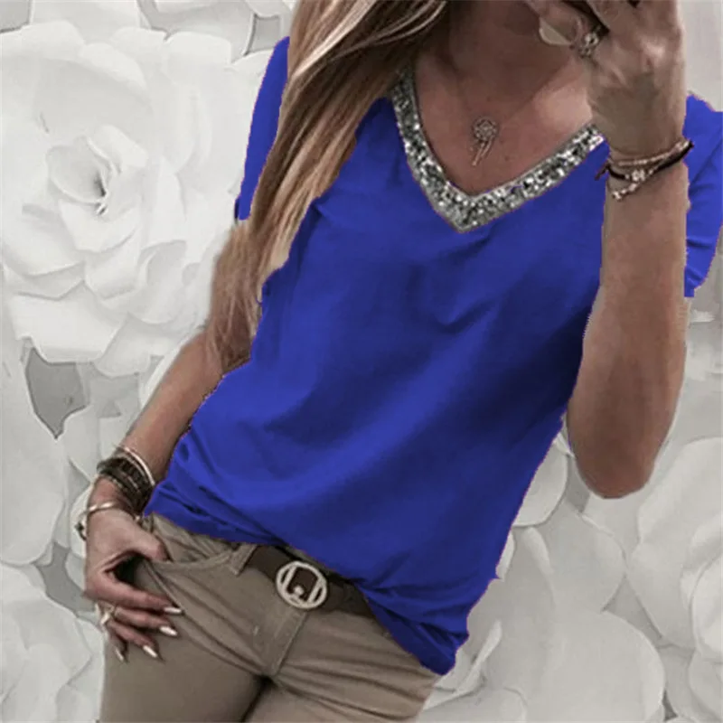 Grey Red Summer Shirts Casual Women's T Shirts Solid Color Sequins Stitching V Neck Short Sleeve T-shirt Plus Size Tops Tee 5XL
Grey Red Summer Shirts Casual Women's T Shirts Solid Color Sequins Stitching V Neck Short Sleeve T-shirt Plus Size Tops Tee 5XL