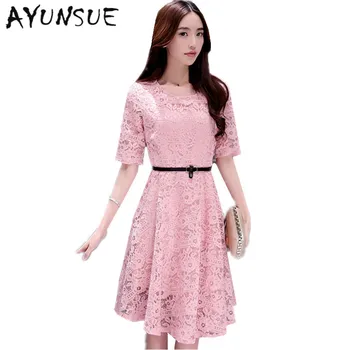 New Elegant Hlaf Sleeve Women Summer Dress 2020 Pink Dress Lace Vestidos O-neck Hollow Party Dresses Clothes For Women FYY407