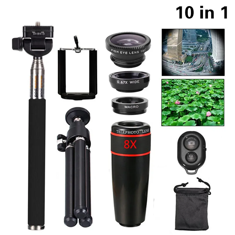 Universal Clip 10 in 1 Phone Camera Lens Kit 8X Telephoto Bluetooth Remote FishEye Wide Angle Lens Selfie Tripod For Smartphone
Universal Clip 10 in 1 Phone Camera Lens Kit 8X Telephoto Bluetooth Remote FishEye Wide Angle Lens Selfie Tripod For Smartphone