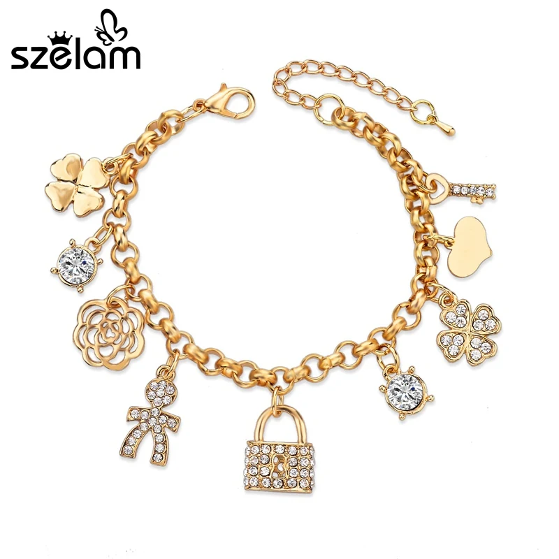 Szelam Link Chain Gold Bracelets For Women Lock/Heart/Flower/Clover Charm Bracelets Bangles Crystal Jewelry SBR150173
Szelam Link Chain Gold Bracelets For Women Lock/Heart/Flower/Clover Charm Bracelets Bangles Crystal Jewelry SBR150173