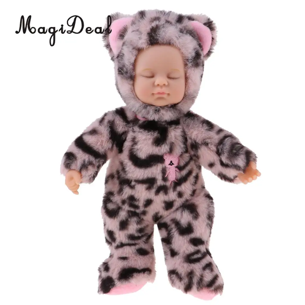 Cute Sleeping Baby Doll Stuffed Doll Leopard Print Clothes Kids Plush Toys For Christmas Gift Baby Doll Reborn Baby Kids Toys